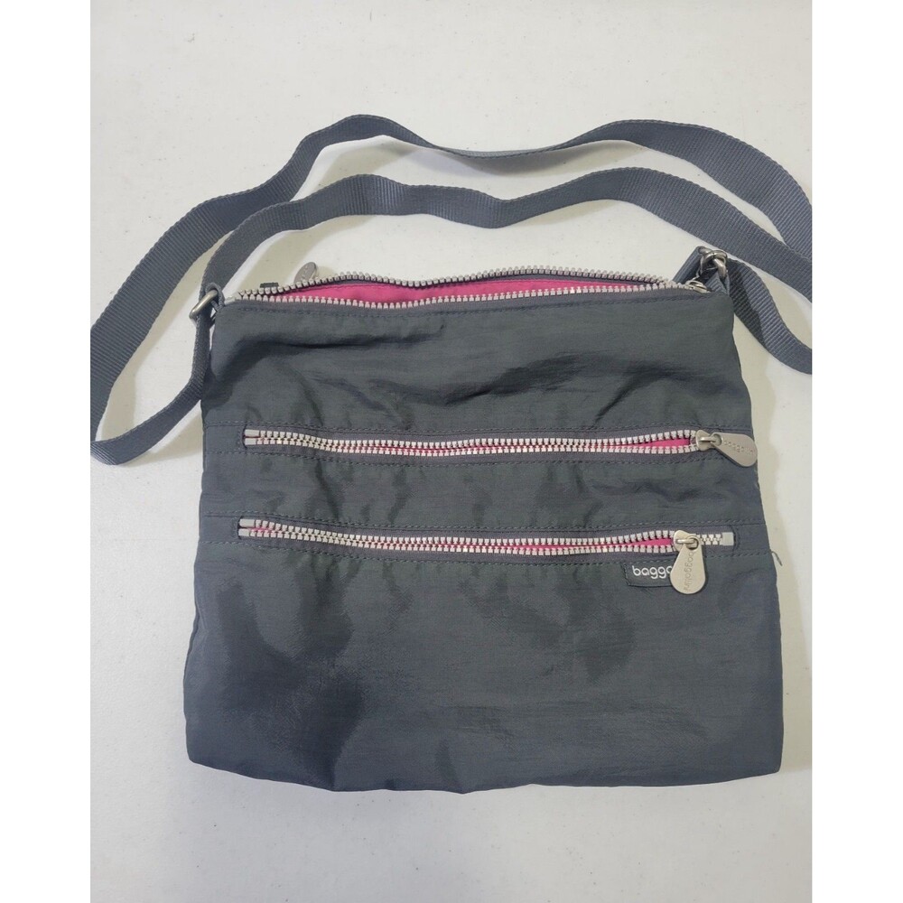 Baggallini Triple Zip Crossbody Bag Purse Travel Lightweight Gray Pink *READ*